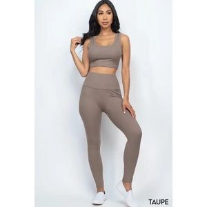 Ribbed Crop Sleeveless Top & Leggings Yoga Set - Taupe - S,M,L